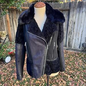 Vince Camuto Black Mixed Media Faux Shearling Moto Asymmetrical Jacket Size S